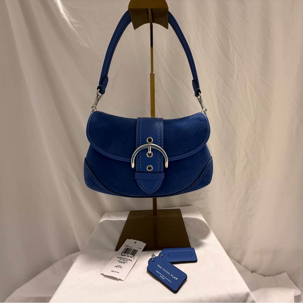 Coach SoHo Flap Bag in Mist Blue Suede and Silver Hardware